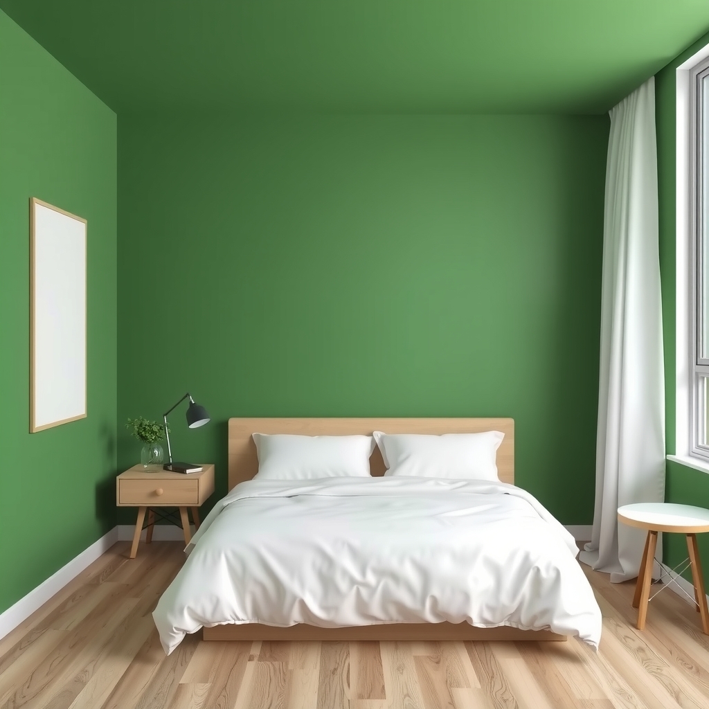 Bảng phối màu xanh cốm với trắng và gỗ tự nhiên trong phòng ngủ