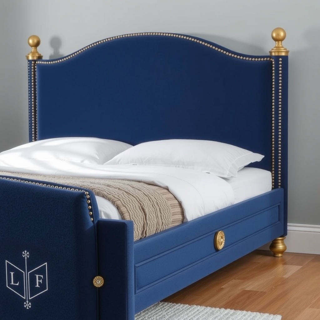 Giường ngủ bọc nỉ xanh navy với chi tiết kim loại vàng đồng 