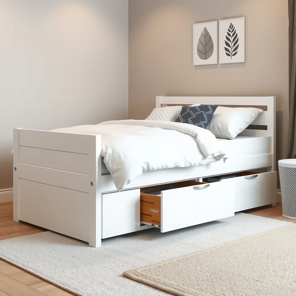 Giường ngủ thông minh màu trắng có ngăn kéo lớn bên dưới trong phòng ngủ nhỏ 