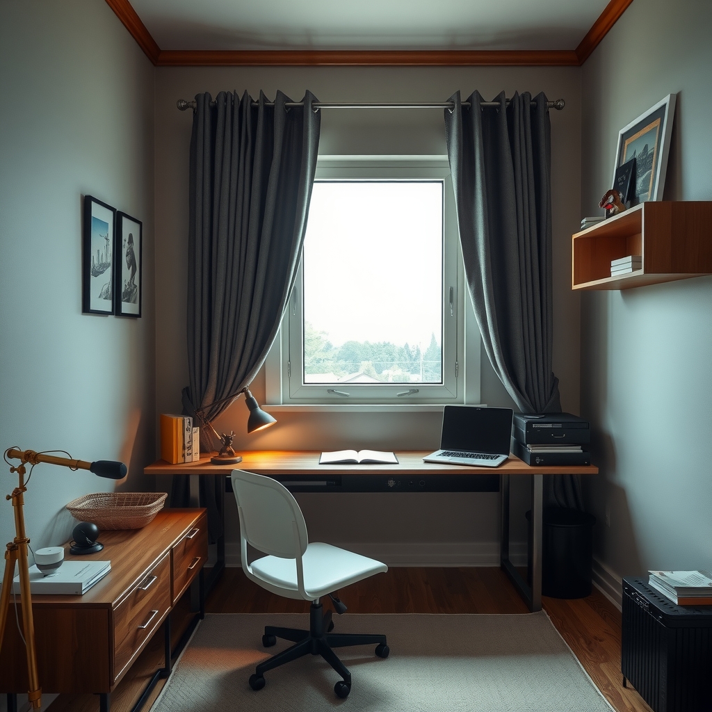 Góc làm việc nhỏ gọn cạnh cửa sổ trong phòng ngủ nam