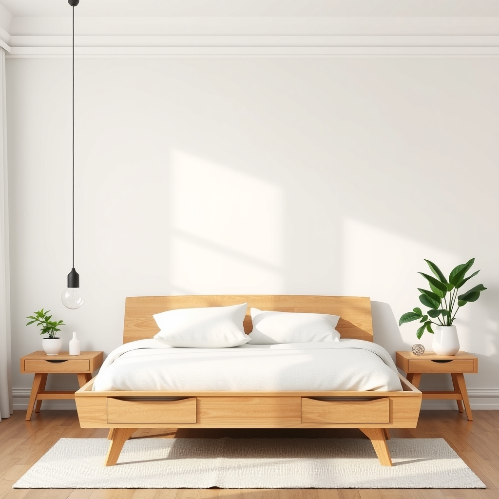 Mẫu phòng ngủ 8m2 phong cách Scandinavian với giường gỗ và cây xanh