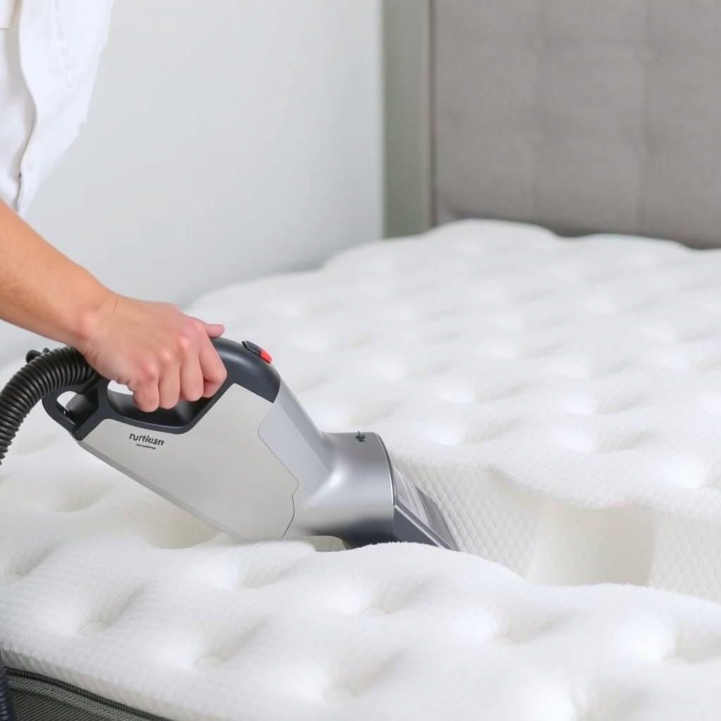 Người dùng đang vệ sinh nệm cao su non bằng máy hút bụi