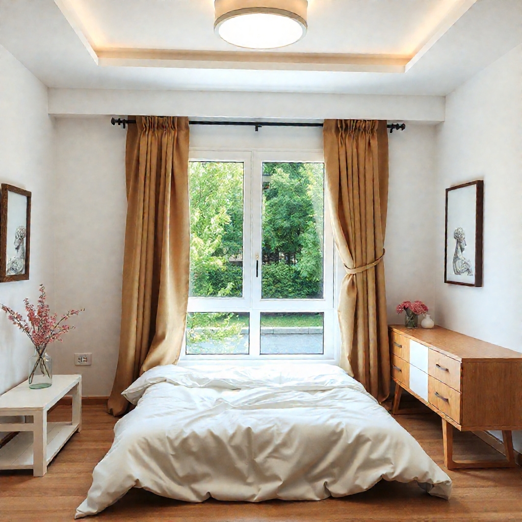 Phòng ngủ 10m2 có cửa sổ lớn đón ánh sáng tự nhiên và rèm cửa 2 lớp