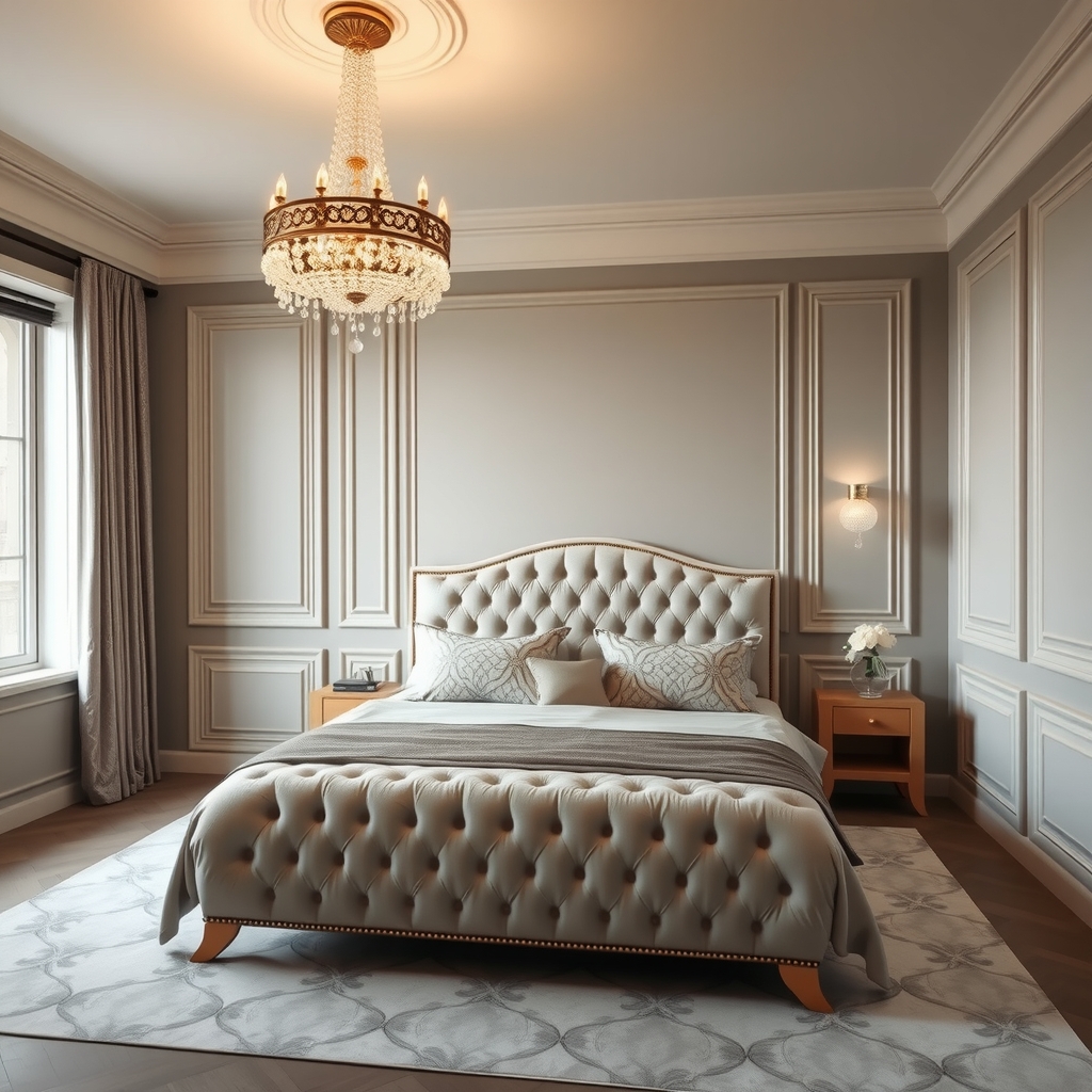 Phòng ngủ 5x6m phong cách luxury với giường bọc nệm và đèn chùm