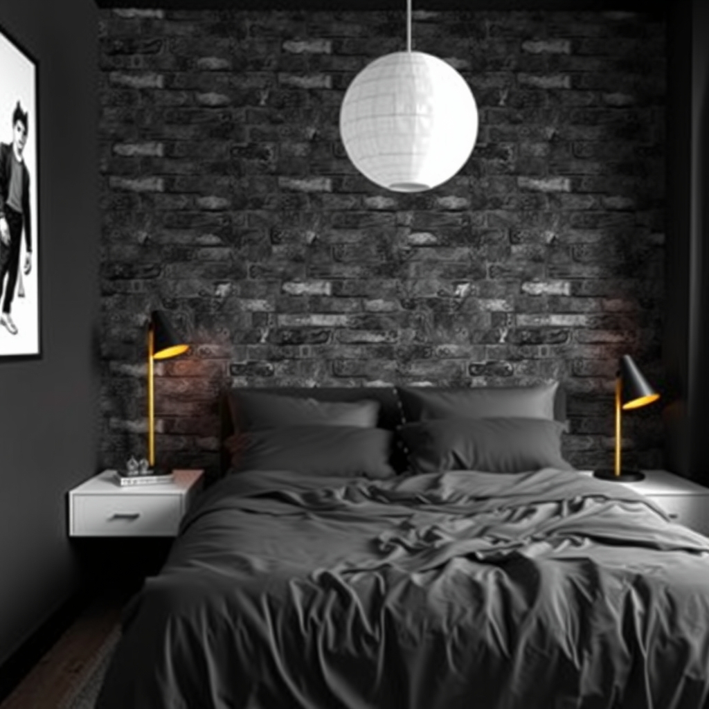 Phòng ngủ đen cá tính cho người độc thân với tường gạch