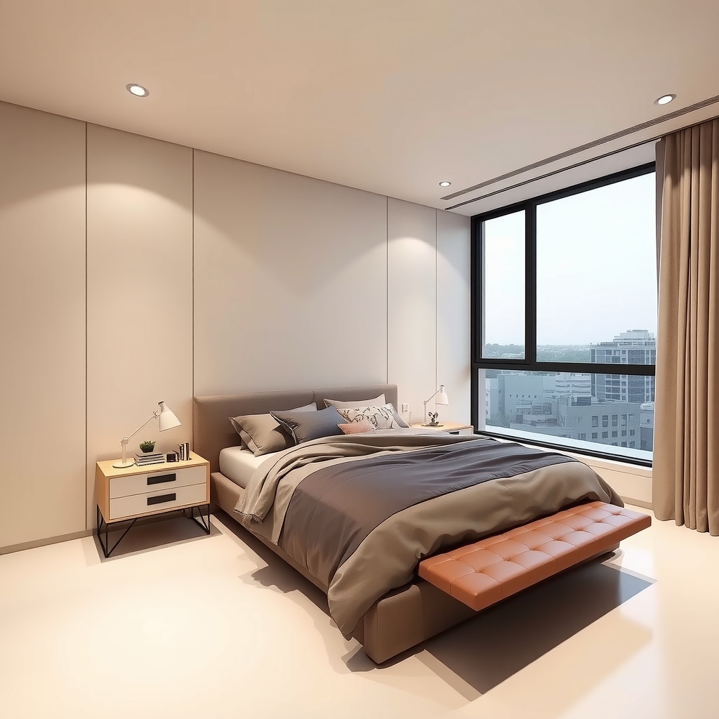 Phòng ngủ hiện đại với tông màu trung tính và đường nét gọn gàng