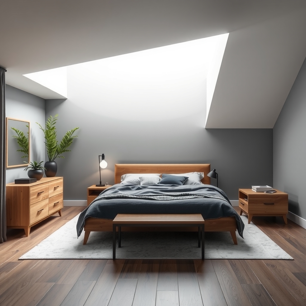 Phòng ngủ hiện đại với tông màu xám chủ đạo kết hợp nội thất gỗ