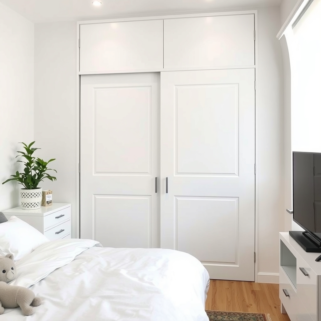 Tủ quần áo cửa lùa cao đụng trần màu trắng trong phòng ngủ nhỏ 10m2