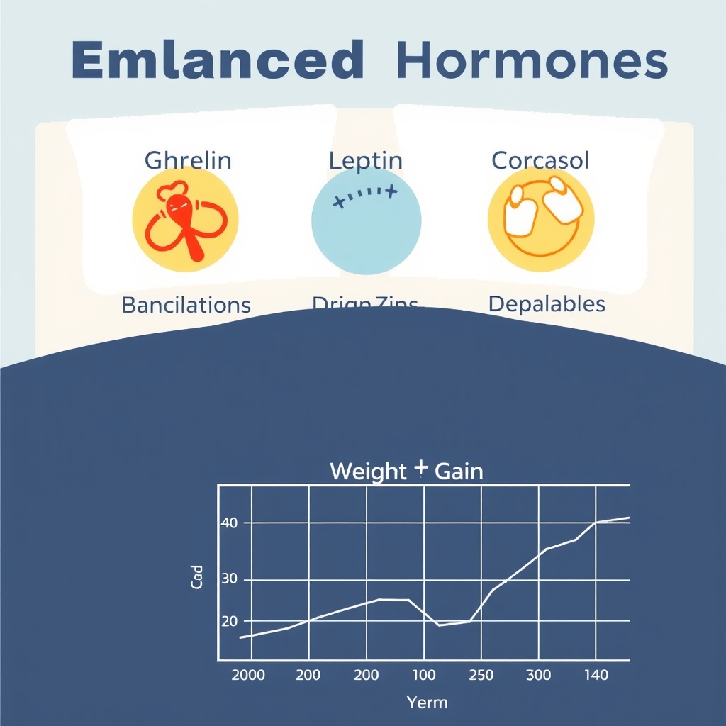 Hình ảnh minh họa các hormone Ghrelin, Leptin, Cortisol bị mất cân bằng do thiếu ngủ, dẫn đến biểu đồ tăng cân