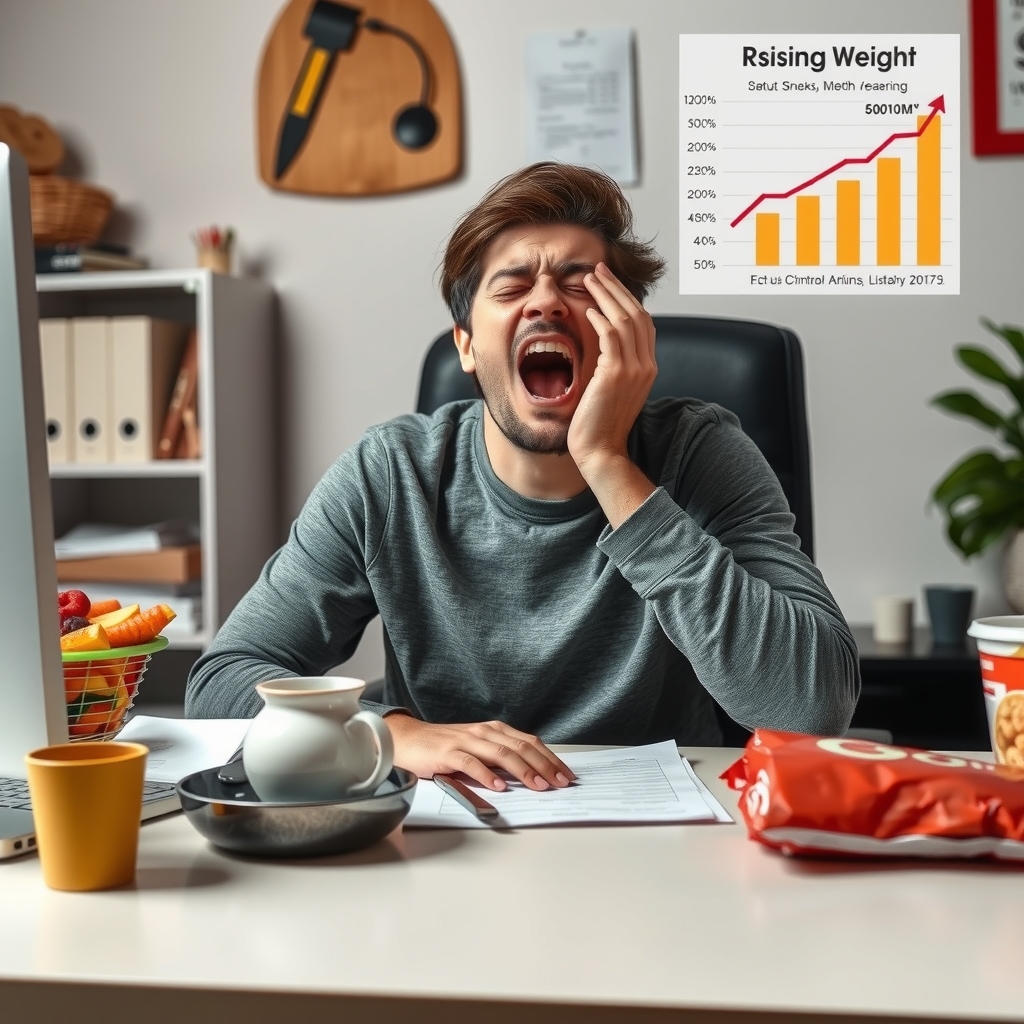 Một người đang ngáp, mệt mỏi bên bàn làm việc với đồ ăn vặt xung quanh và biểu đồ cân nặng tăng lên
