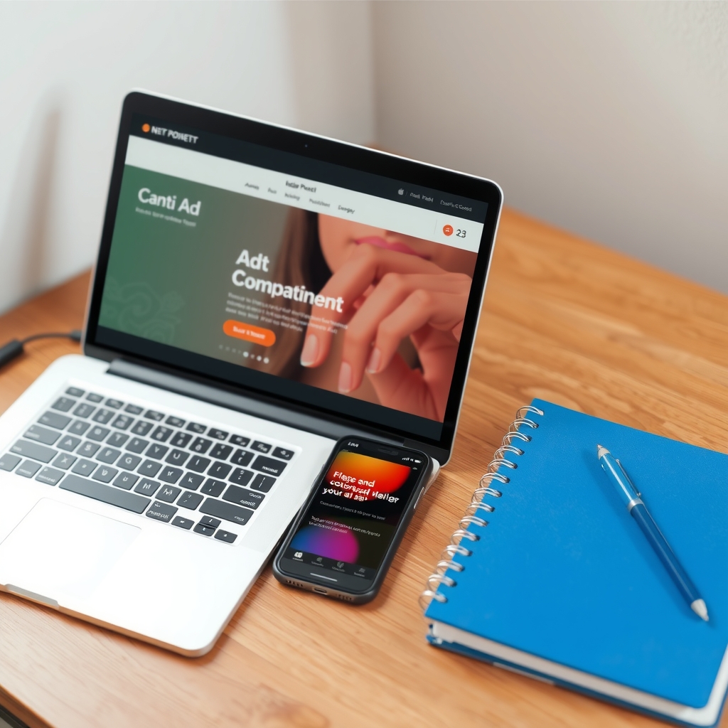 Bàn làm việc có laptop, điện thoại và sổ ghi chép mở trang chiến dịch quảng cáo 