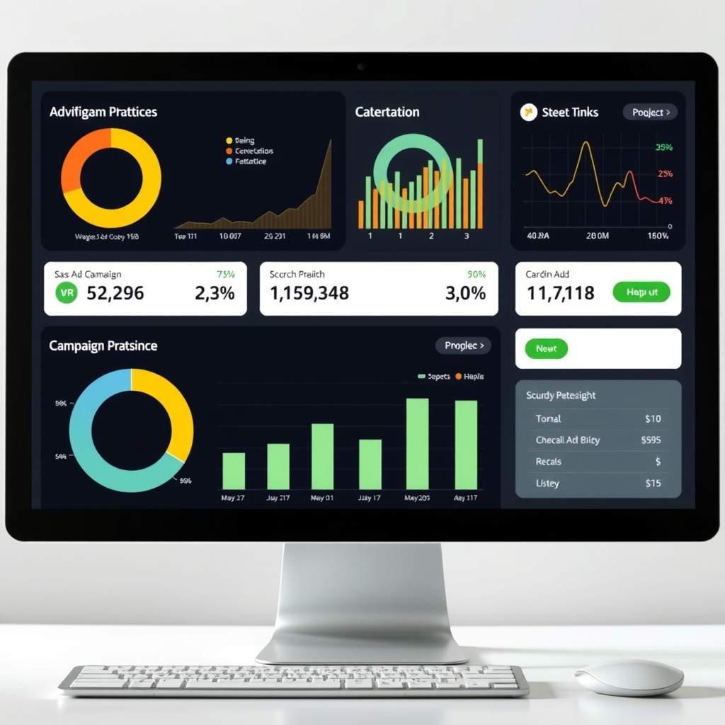Biểu đồ và số liệu trên màn hình máy tính hiển thị hiệu quả chiến dịch quảng cáo 