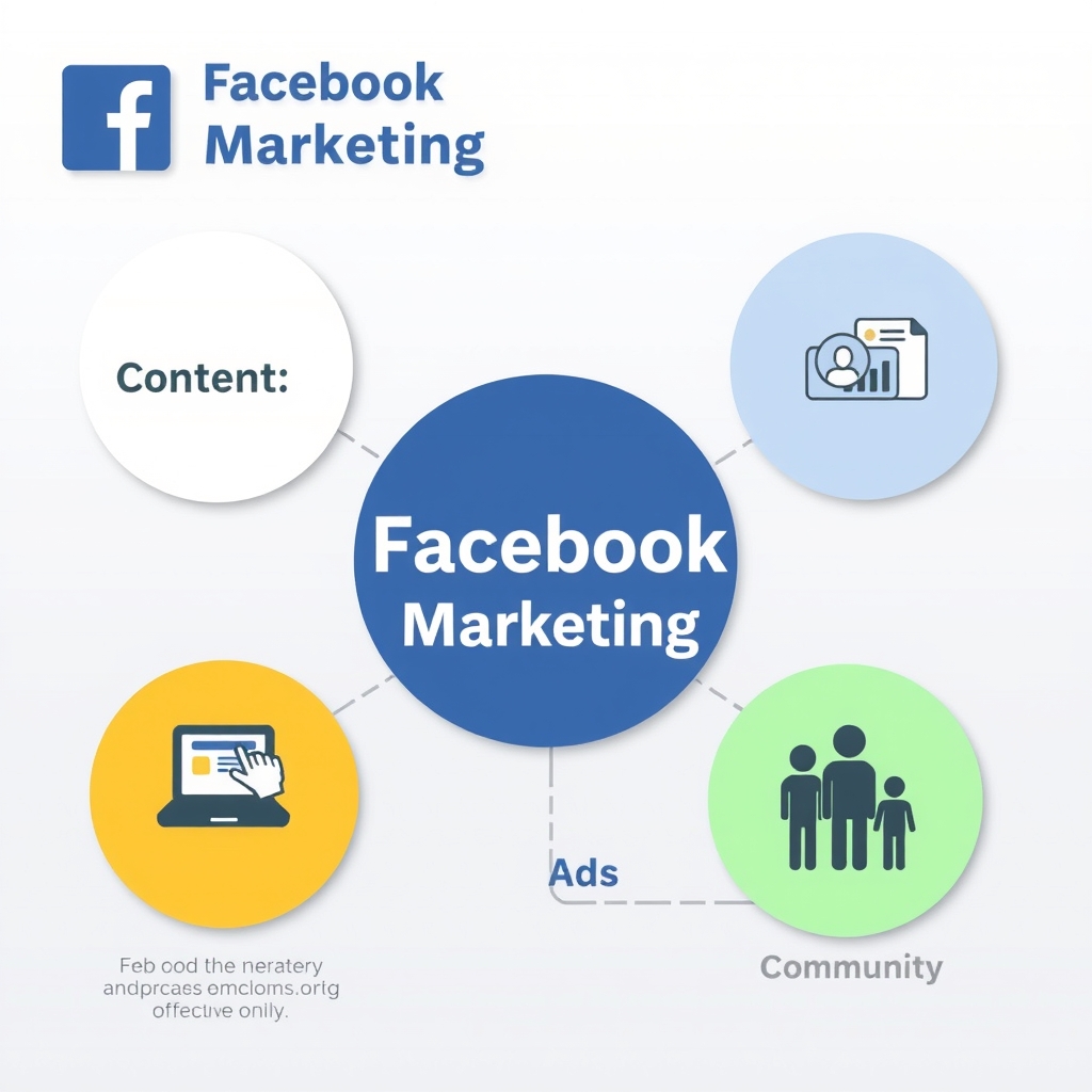 Hình ảnh mô tả chiến lược Facebook Marketing với các thành phần Nội dung, Quảng cáo, Cộng đồng
