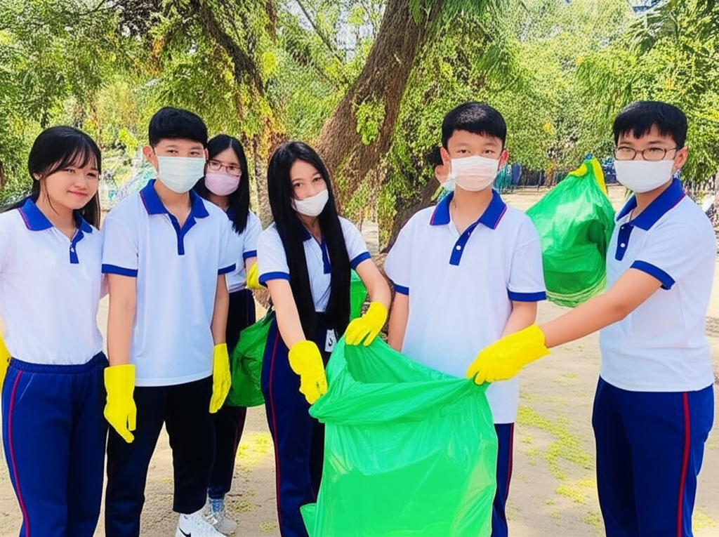 Học sinh tham gia chiến dịch làm sạch môi trường cộng đồng